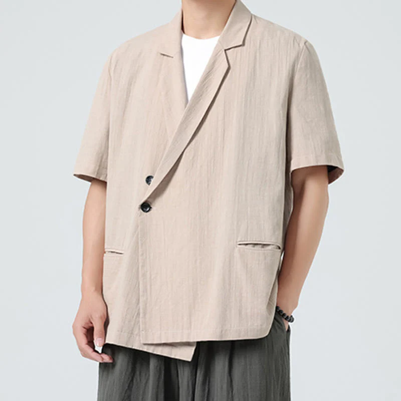 Buddha Stones Camicia da uomo in cotone e lino, a maniche corte, con colletto asimmetrico e tasche, modello primaverile - Image 21