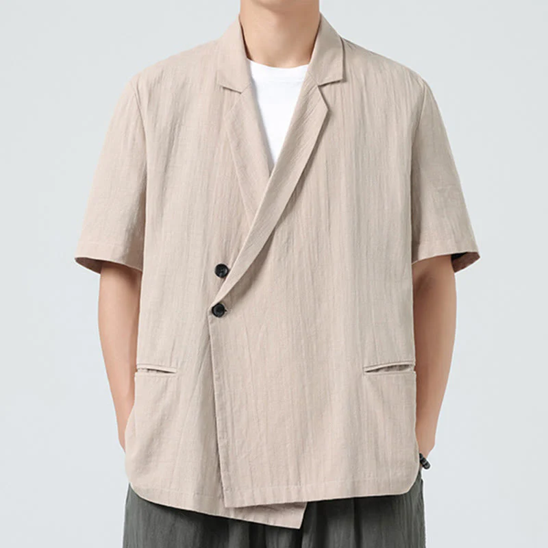 Buddha Stones Camicia da uomo in cotone e lino, a maniche corte, con colletto asimmetrico e tasche, modello primaverile - Image 22