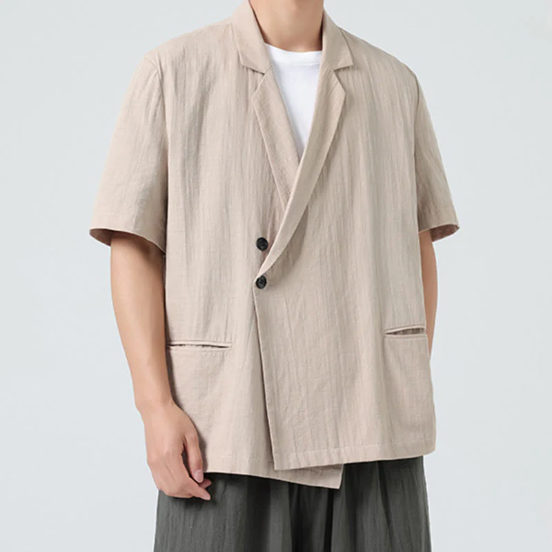 Buddha Stones Camicia da uomo in cotone e lino, a maniche corte, con colletto asimmetrico e tasche, modello primaverile - Image 23