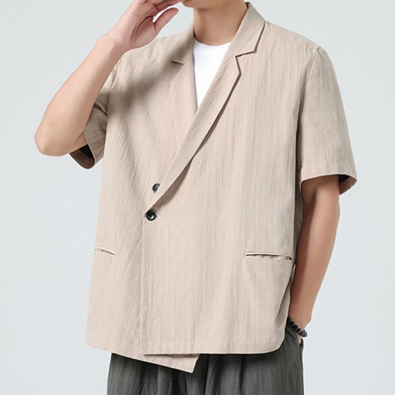 Buddha Stones Camicia da uomo in cotone e lino, a maniche corte, con colletto asimmetrico e tasche, modello primaverile - Image 24