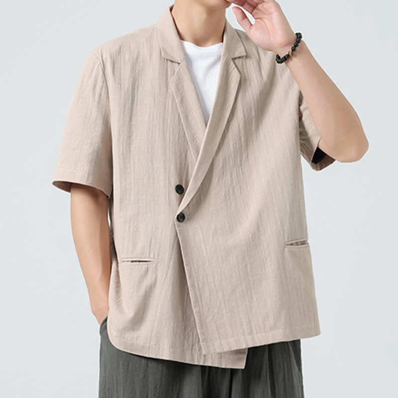 Buddha Stones Camicia da uomo in cotone e lino, a maniche corte, con colletto asimmetrico e tasche, modello primaverile - Image 25