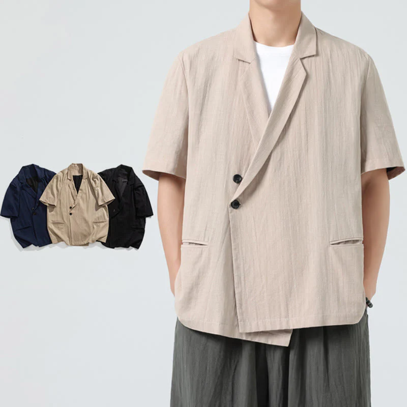 Buddha Stones Camicia da uomo in cotone e lino, a maniche corte, con colletto asimmetrico e tasche, modello primaverile - Image 26