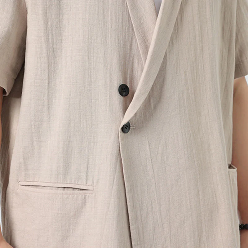 Buddha Stones Camicia da uomo in cotone e lino, a maniche corte, con colletto asimmetrico e tasche, modello primaverile - Image 29
