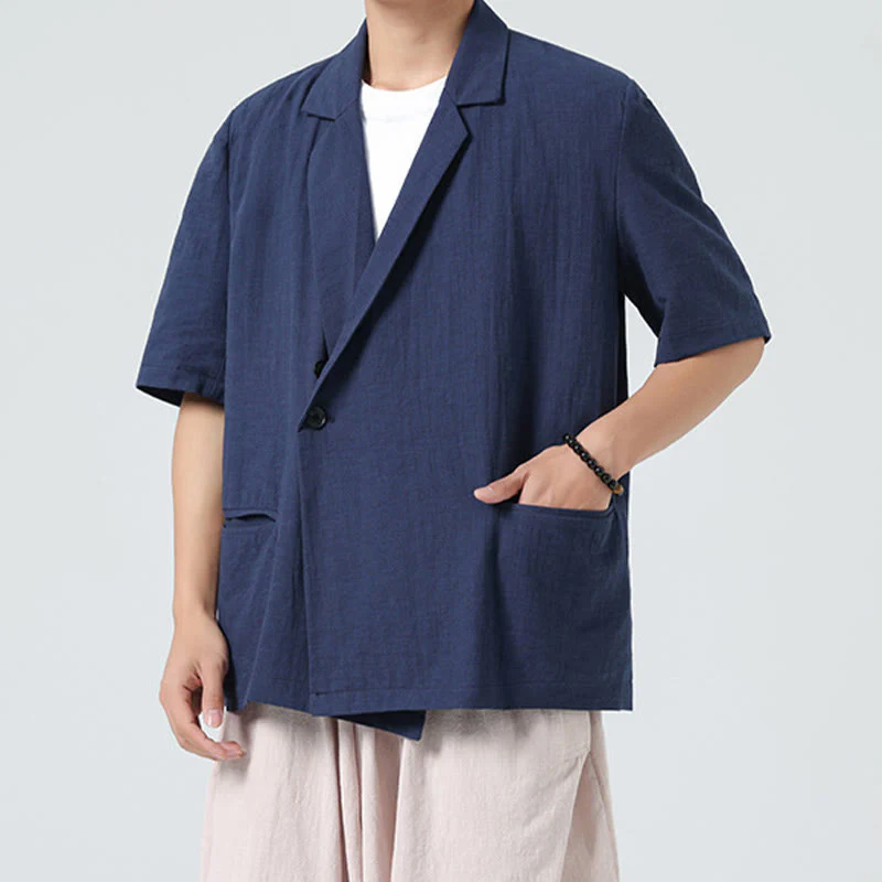 Buddha Stones Camicia da uomo in cotone e lino, a maniche corte, con colletto asimmetrico e tasche, modello primaverile - Image 6