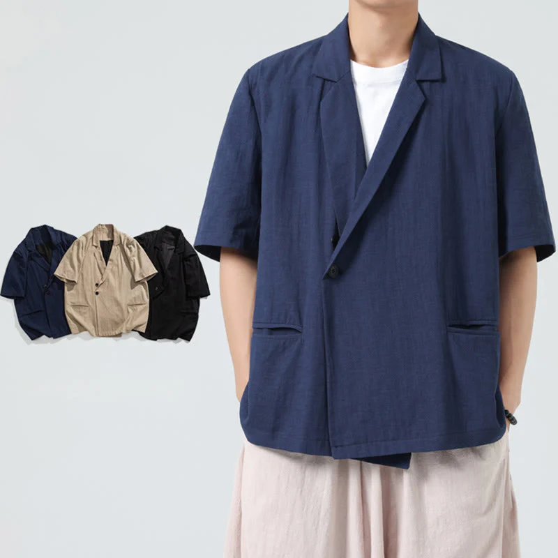 Buddha Stones Camicia da uomo in cotone e lino, a maniche corte, con colletto asimmetrico e tasche, modello primaverile - Image 8