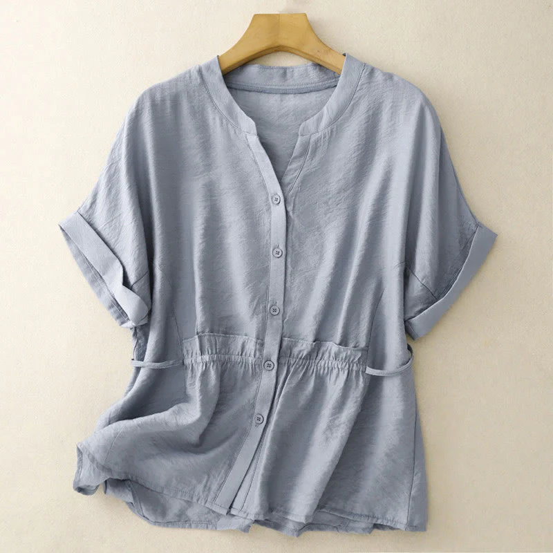 Buddha Stones Camicia estiva da donna in cotone a maniche corte con bottoni e lacci