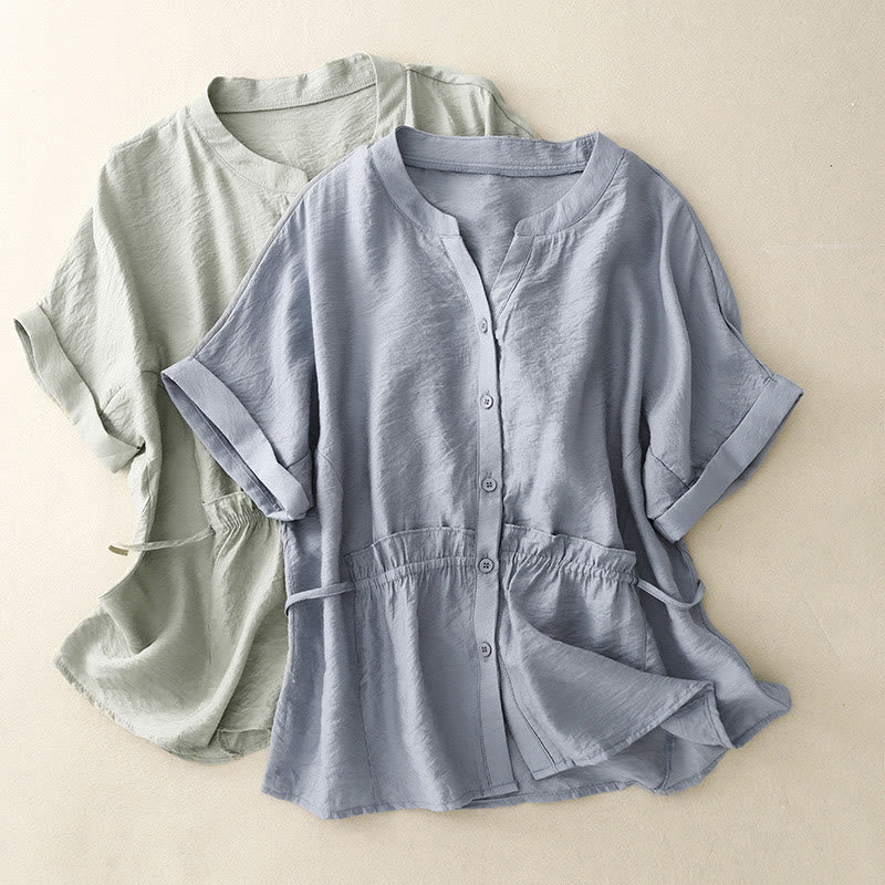 Buddha Stones Camicia estiva da donna in cotone a maniche corte con bottoni e lacci - Image 10