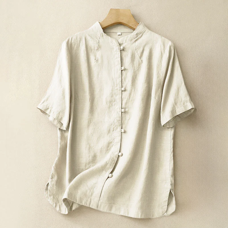 Buddha Stones Camicia estiva da donna in cotone a maniche corte con colletto rialzato, spacchi laterali e bottoni a rana