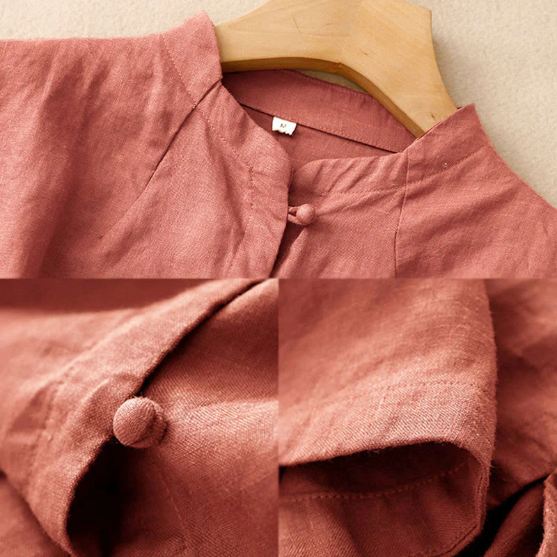 Buddha Stones Camicia estiva da donna in cotone a maniche corte con colletto rialzato, spacchi laterali e bottoni a rana - Image 13