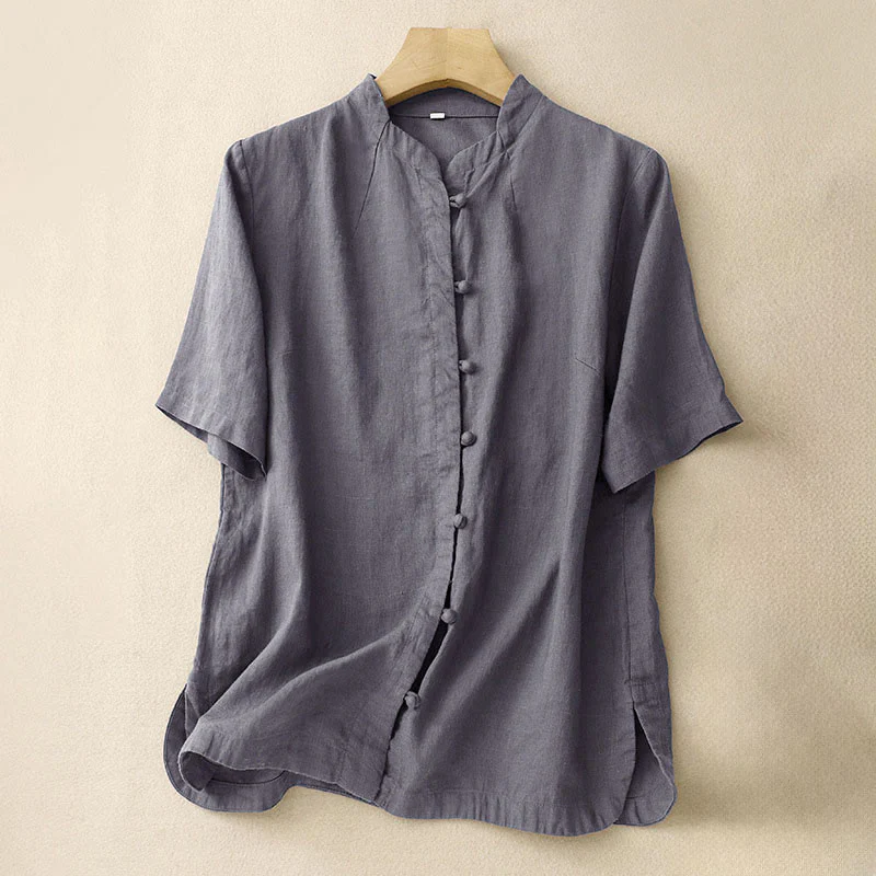 Buddha Stones Camicia estiva da donna in cotone a maniche corte con colletto rialzato, spacchi laterali e bottoni a rana - Image 14
