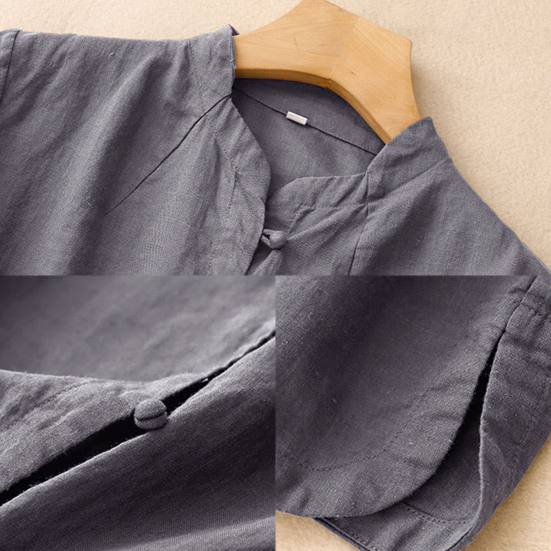 Buddha Stones Camicia estiva da donna in cotone a maniche corte con colletto rialzato, spacchi laterali e bottoni a rana - Image 17