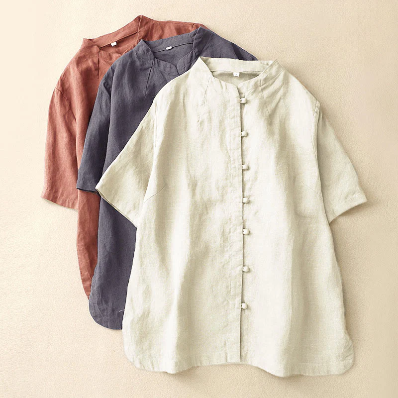 Buddha Stones Camicia estiva da donna in cotone a maniche corte con colletto rialzato, spacchi laterali e bottoni a rana - Image 18