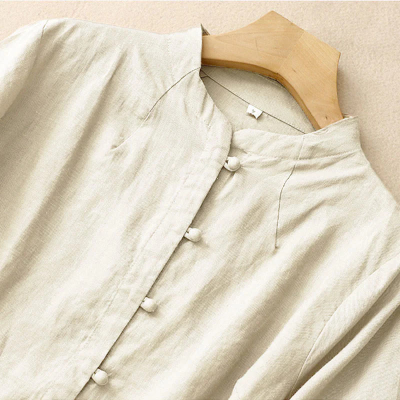 Buddha Stones Camicia estiva da donna in cotone a maniche corte con colletto rialzato, spacchi laterali e bottoni a rana - Image 3