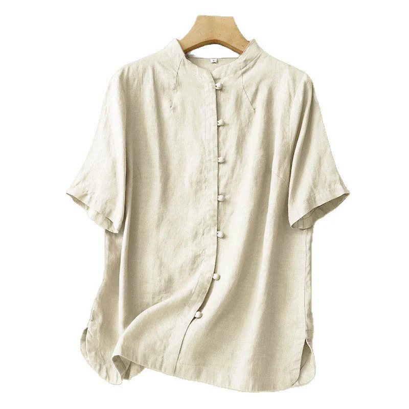 Buddha Stones Camicia estiva da donna in cotone a maniche corte con colletto rialzato, spacchi laterali e bottoni a rana - Image 7