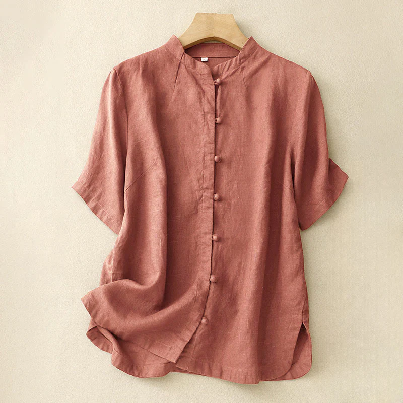 Buddha Stones Camicia estiva da donna in cotone a maniche corte con colletto rialzato, spacchi laterali e bottoni a rana - Image 8
