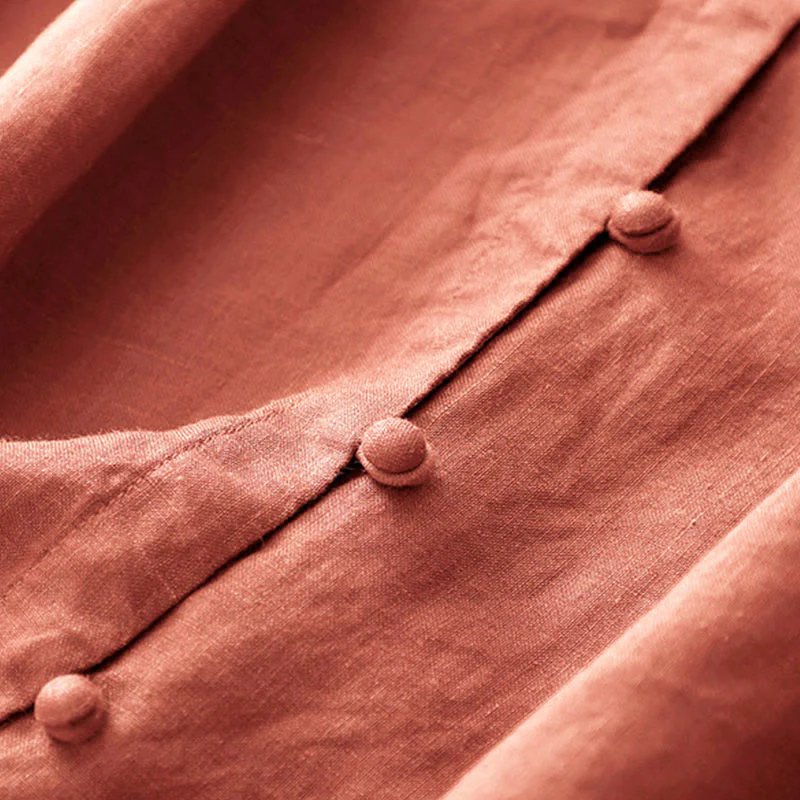 Buddha Stones Camicia estiva da donna in cotone a maniche corte con colletto rialzato, spacchi laterali e bottoni a rana - Image 9
