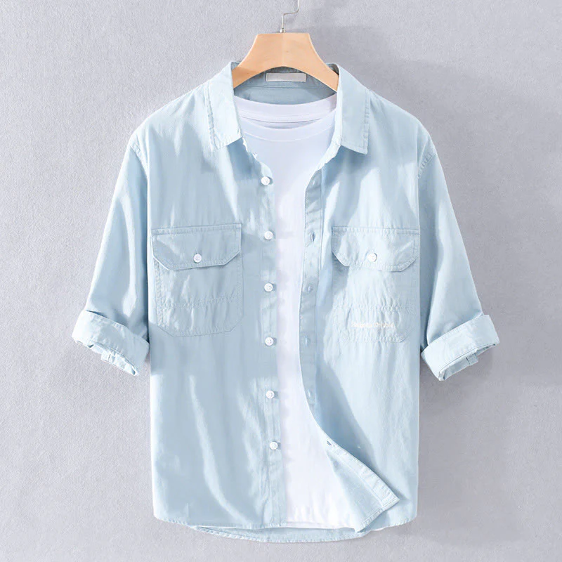 Buddha Stones Camicia estiva da uomo in cotone a maniche corte con bottoni e due tasche decorative