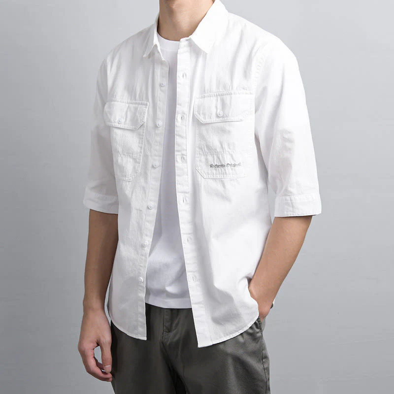 Buddha Stones Camicia estiva da uomo in cotone a maniche corte con bottoni e due tasche decorative - Image 14