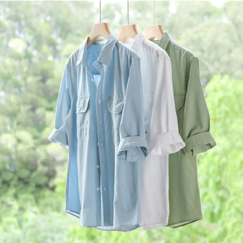 Buddha Stones Camicia estiva da uomo in cotone a maniche corte con bottoni e due tasche decorative - Image 23