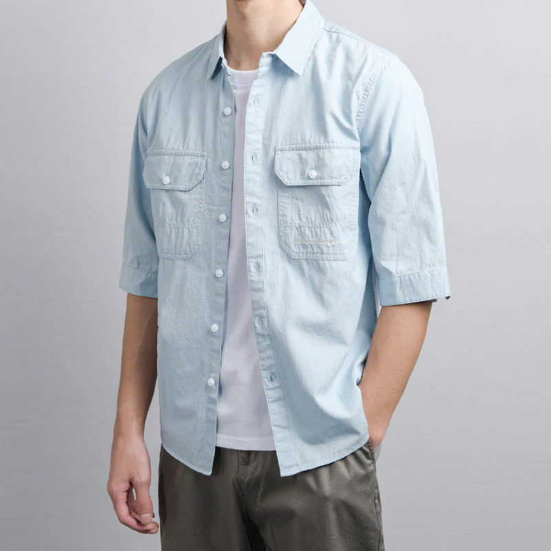 Buddha Stones Camicia estiva da uomo in cotone a maniche corte con bottoni e due tasche decorative - Image 6