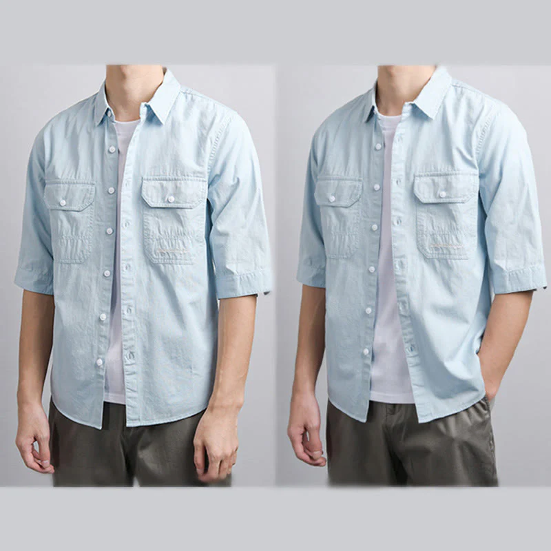 Buddha Stones Camicia estiva da uomo in cotone a maniche corte con bottoni e due tasche decorative - Image 7