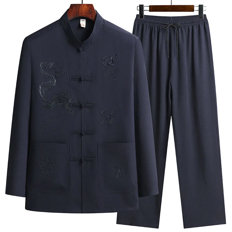 Buddha Stones Capodanno cinese Drago ricamato Rana-bottoni Tang Suit Hanfu Manica lunga Top Pantaloni Abbigliamento Uomo Set - Image 9