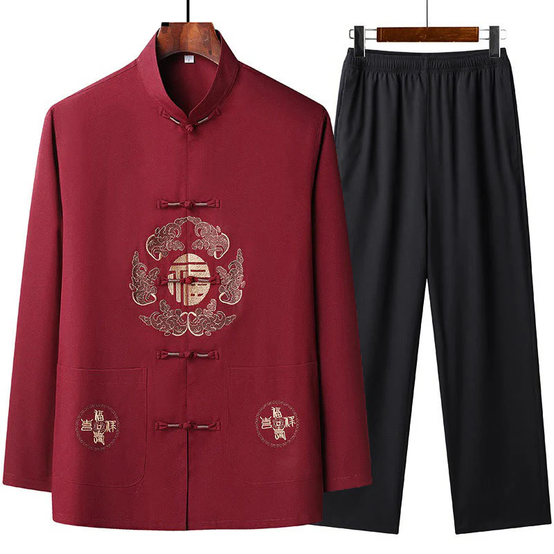 Buddha Stones Capodanno cinese ricamato Fu Tang Suit Hanfu manica lunga Top Pantaloni Abbigliamento Uomo Set
