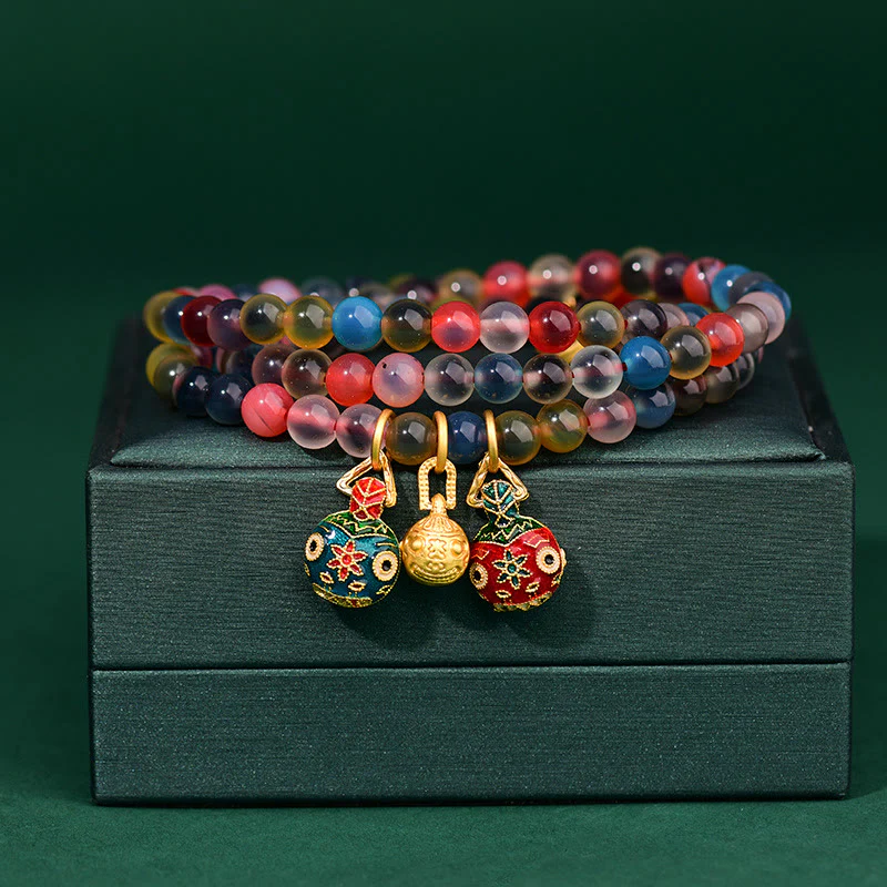 Buddha Stones Caramella Colorata Agata Oro Deglutizione Bestia Famiglia Forza Ciondolo Bracciale Triplo Avvolgimento