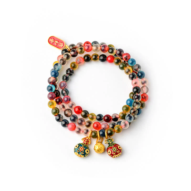 Buddha Stones Caramella Colorata Agata Oro Deglutizione Bestia Famiglia Forza Ciondolo Bracciale Triplo Avvolgimento - Image 10