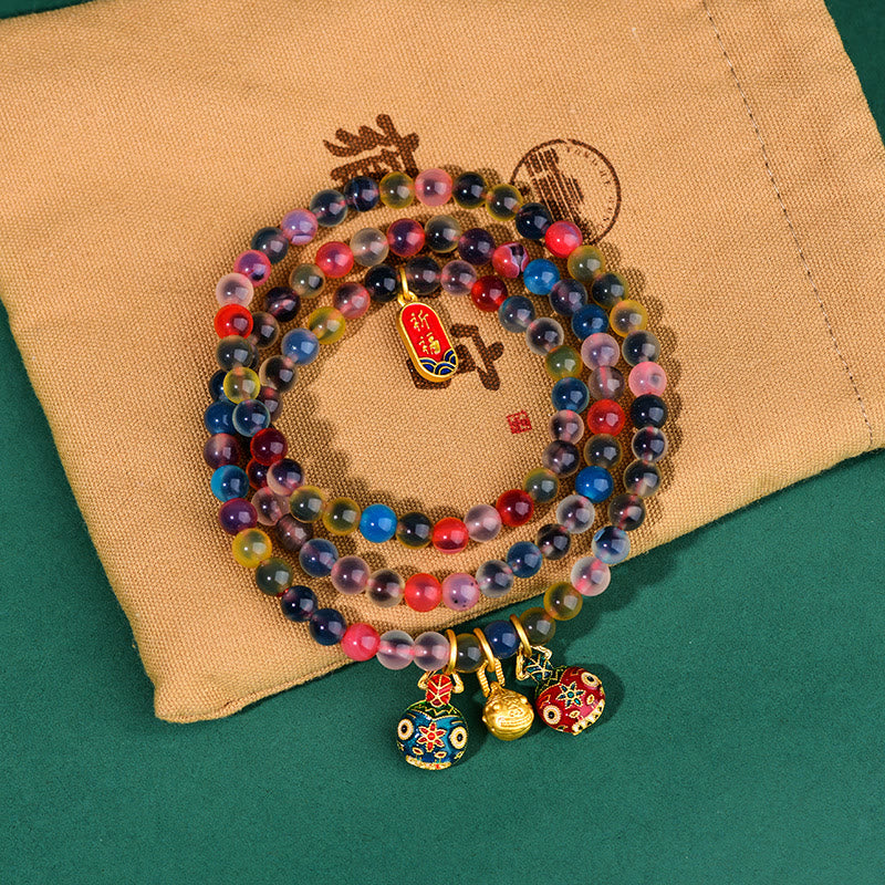 Buddha Stones Caramella Colorata Agata Oro Deglutizione Bestia Famiglia Forza Ciondolo Bracciale Triplo Avvolgimento - Image 3