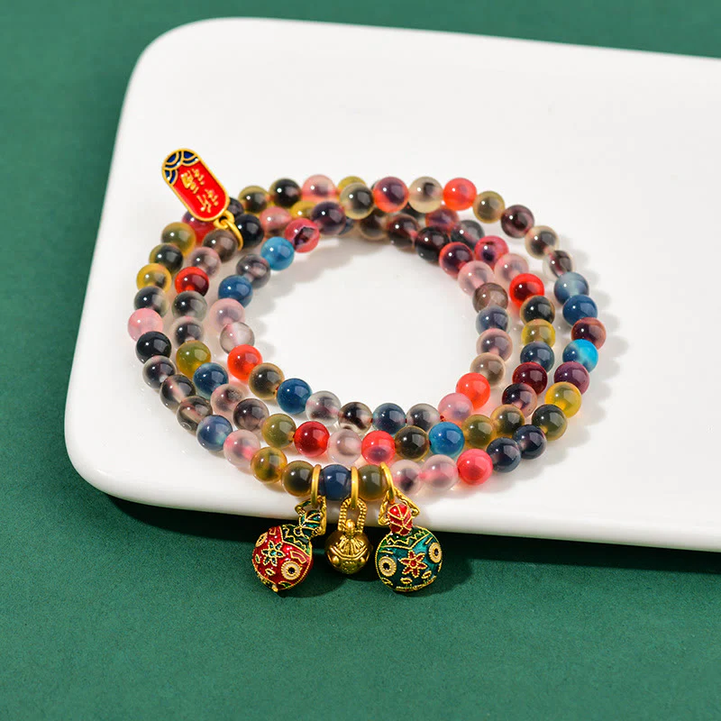 Buddha Stones Caramella Colorata Agata Oro Deglutizione Bestia Famiglia Forza Ciondolo Bracciale Triplo Avvolgimento - Image 4
