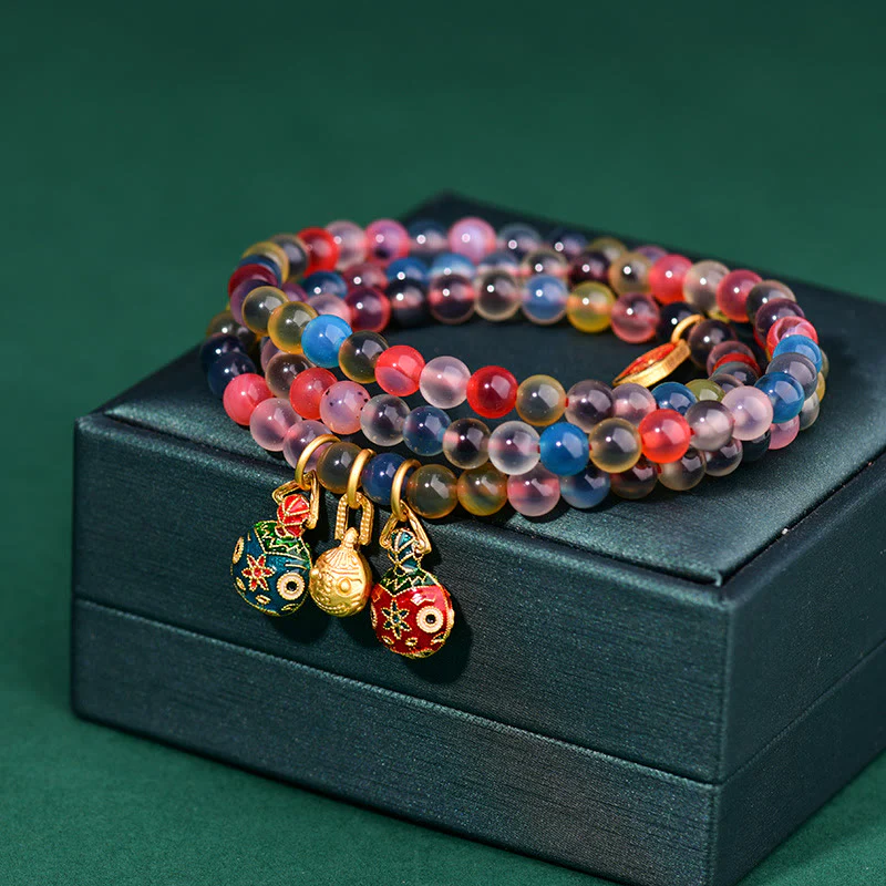 Buddha Stones Caramella Colorata Agata Oro Deglutizione Bestia Famiglia Forza Ciondolo Bracciale Triplo Avvolgimento - Image 6