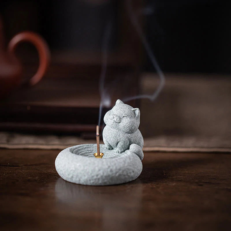 Buddha Stones Carino Gatto Pigro in Piedi Bruciatore di Incenso Guarigione Decorazione da Scrivania - Image 3