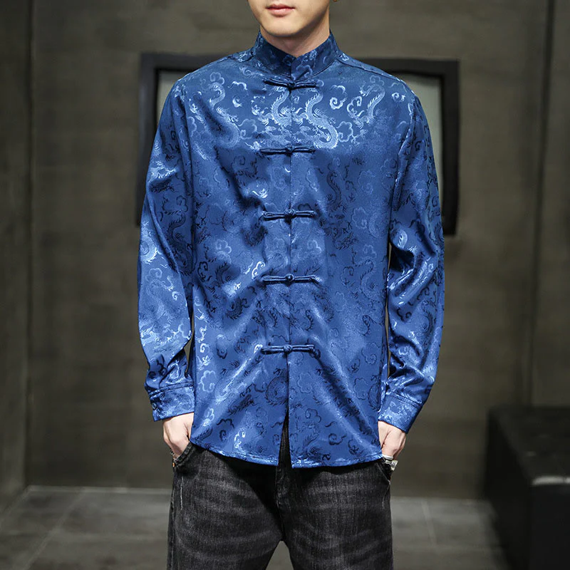 Buddha Stones Casual Dragon Pattern Frog-button Tang Suit Lino Giacca Camicia Uomo - Image 10