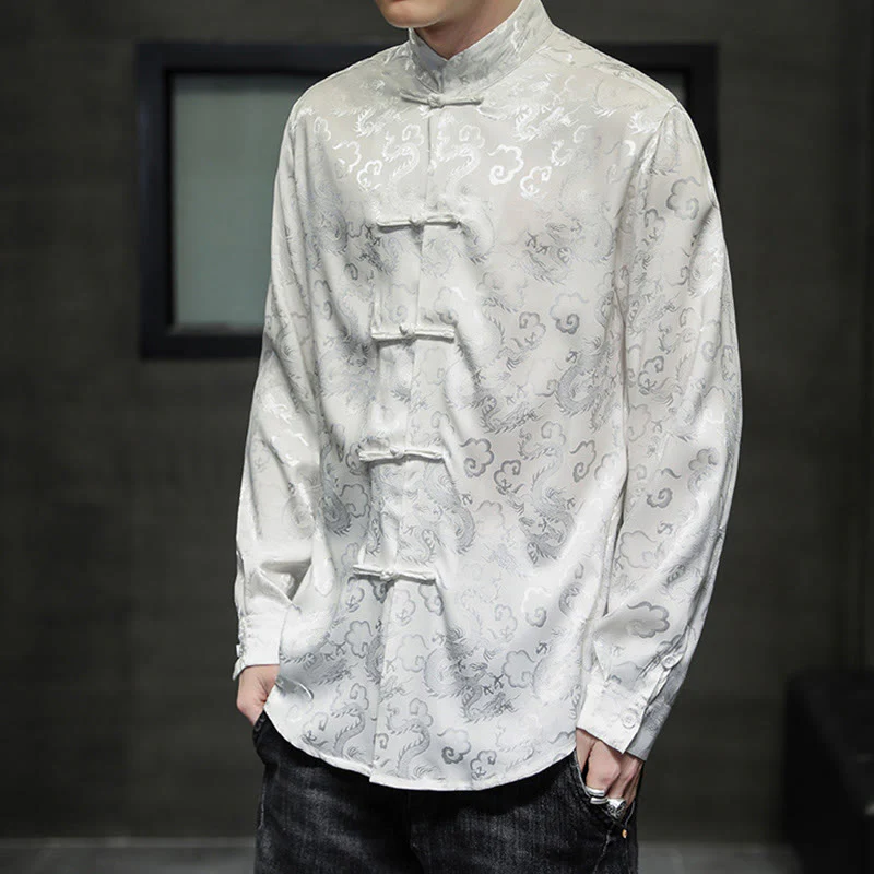 Buddha Stones Casual Dragon Pattern Frog-button Tang Suit Lino Giacca Camicia Uomo - Image 14