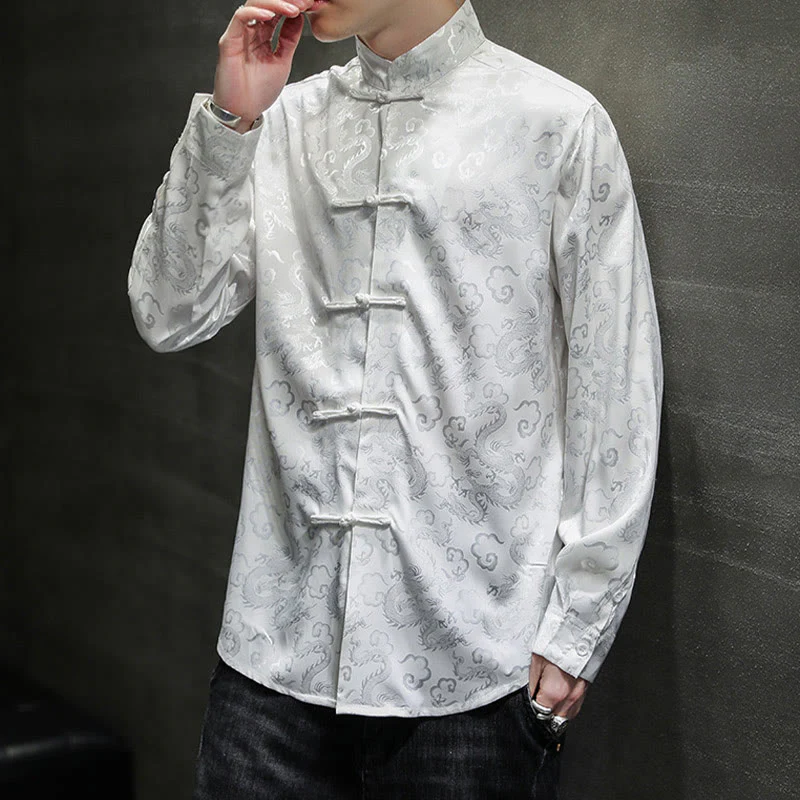 Buddha Stones Casual Dragon Pattern Frog-button Tang Suit Lino Giacca Camicia Uomo - Image 16