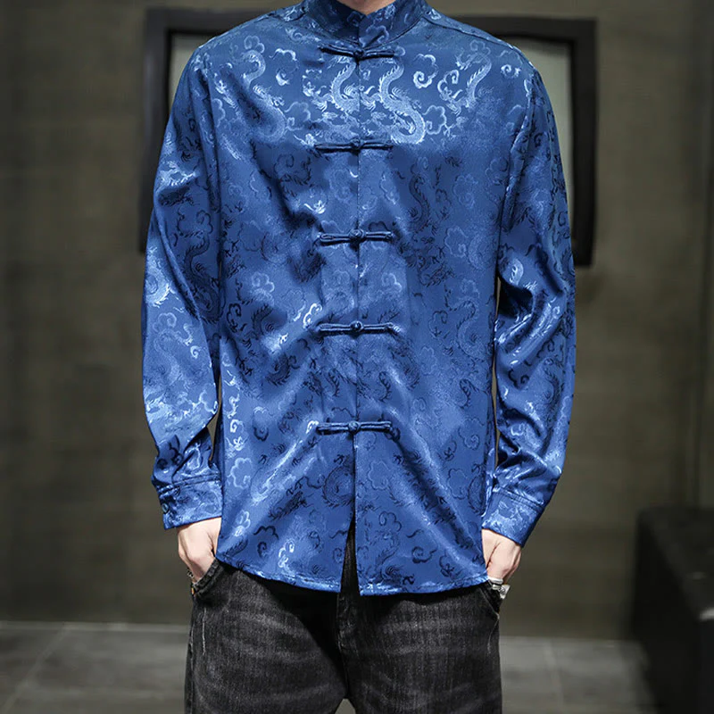 Buddha Stones Casual Dragon Pattern Frog-button Tang Suit Lino Giacca Camicia Uomo - Image 2