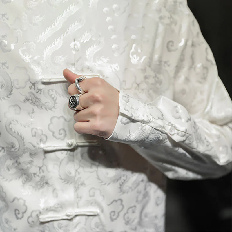 Buddha Stones Casual Dragon Pattern Frog-button Tang Suit Lino Giacca Camicia Uomo - Image 21