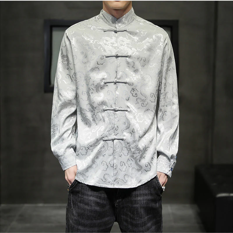 Buddha Stones Casual Dragon Pattern Frog-button Tang Suit Lino Giacca Camicia Uomo - Image 23