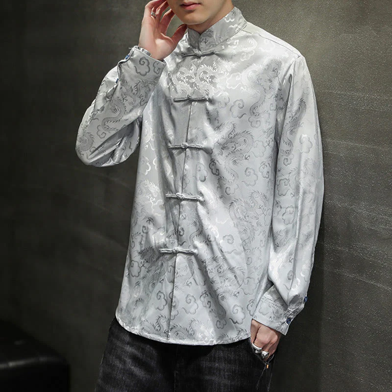 Buddha Stones Casual Dragon Pattern Frog-button Tang Suit Lino Giacca Camicia Uomo - Image 24