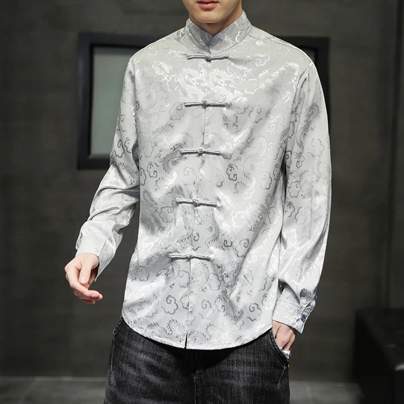 Buddha Stones Casual Dragon Pattern Frog-button Tang Suit Lino Giacca Camicia Uomo - Image 25