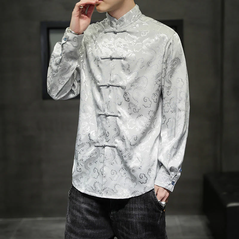 Buddha Stones Casual Dragon Pattern Frog-button Tang Suit Lino Giacca Camicia Uomo - Image 28