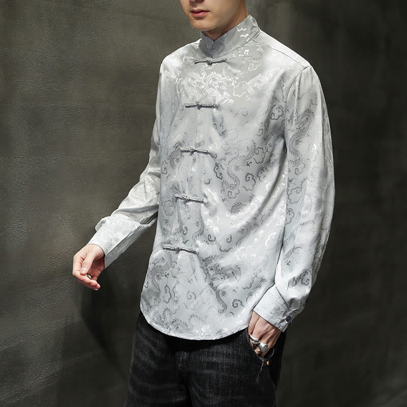 Buddha Stones Casual Dragon Pattern Frog-button Tang Suit Lino Giacca Camicia Uomo - Image 29