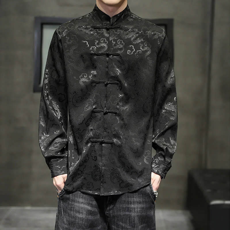 Buddha Stones Casual Dragon Pattern Frog-button Tang Suit Lino Giacca Camicia Uomo - Image 31