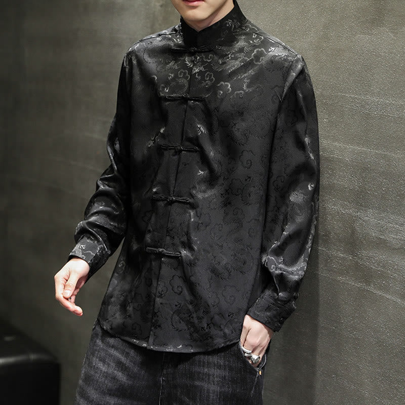 Buddha Stones Casual Dragon Pattern Frog-button Tang Suit Lino Giacca Camicia Uomo - Image 32