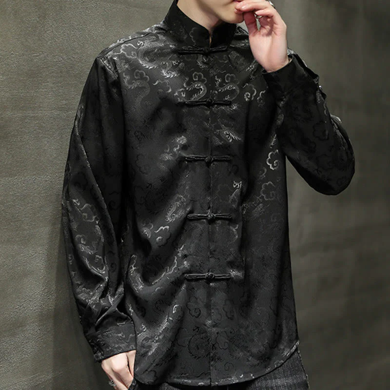 Buddha Stones Casual Dragon Pattern Frog-button Tang Suit Lino Giacca Camicia Uomo - Image 33