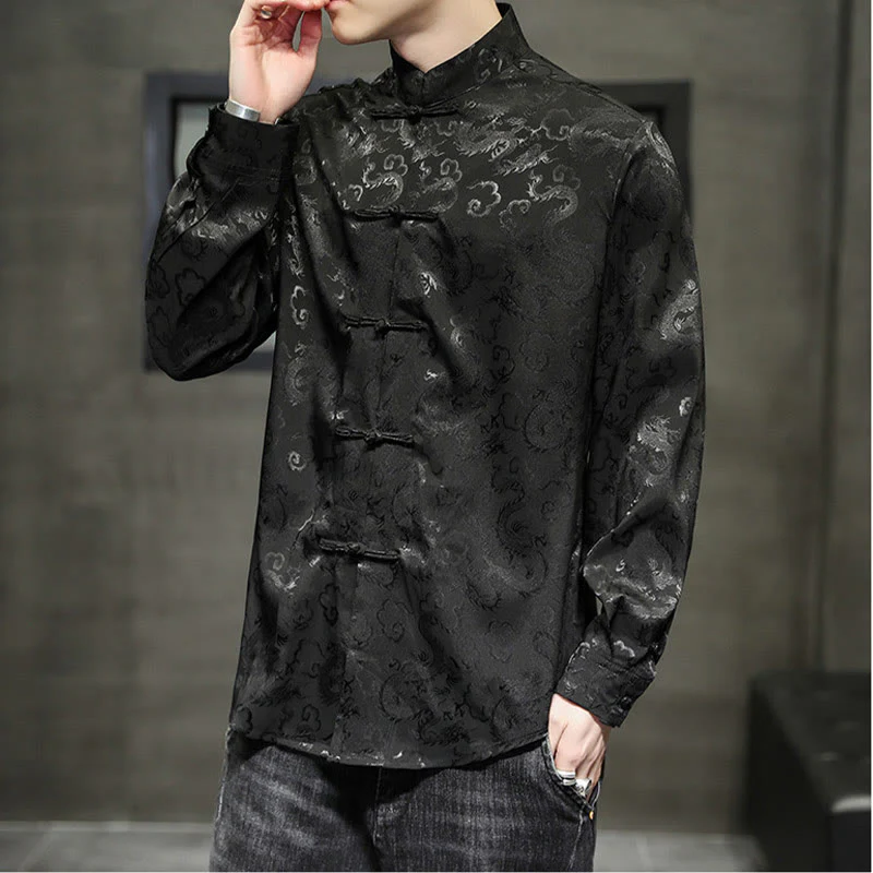Buddha Stones Casual Dragon Pattern Frog-button Tang Suit Lino Giacca Camicia Uomo - Image 36