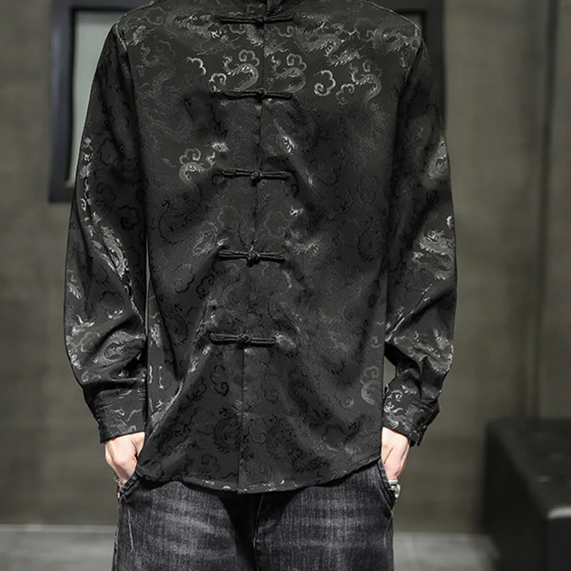 Buddha Stones Casual Dragon Pattern Frog-button Tang Suit Lino Giacca Camicia Uomo - Image 37