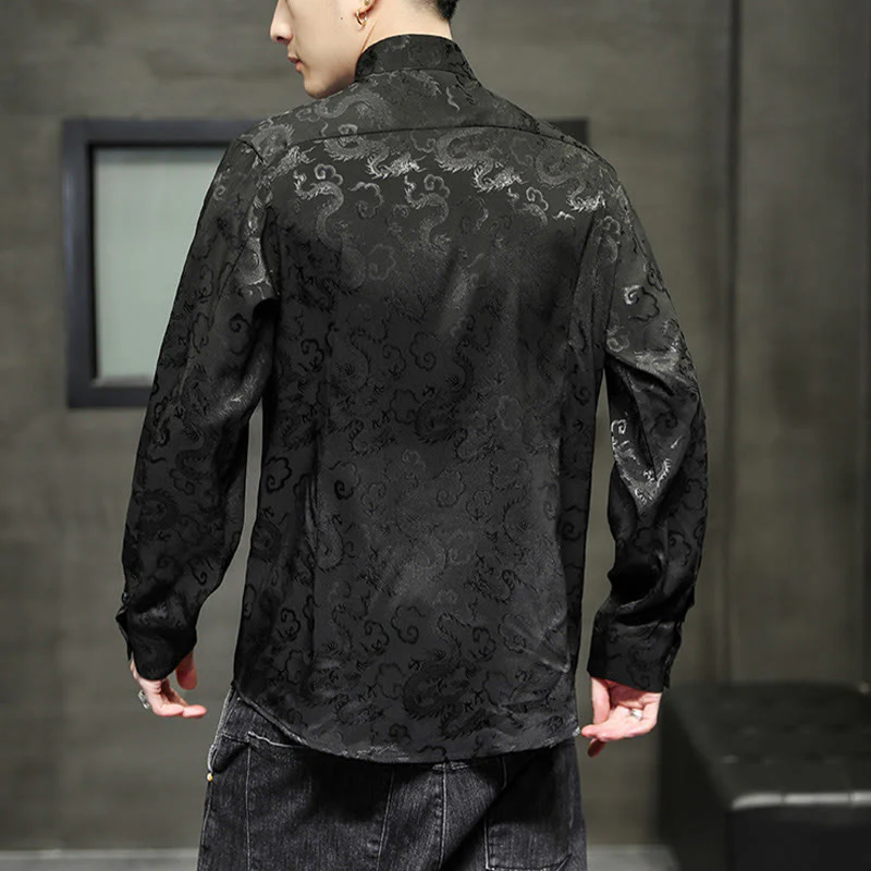 Buddha Stones Casual Dragon Pattern Frog-button Tang Suit Lino Giacca Camicia Uomo - Image 38