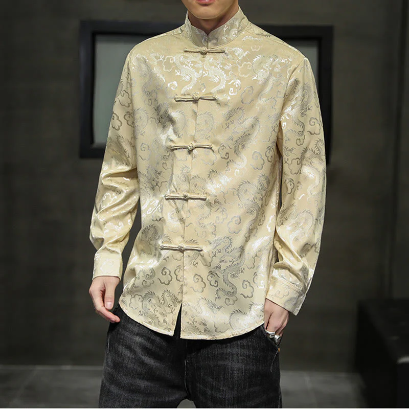 Buddha Stones Casual Dragon Pattern Frog-button Tang Suit Lino Giacca Camicia Uomo - Image 39